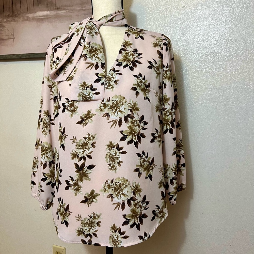 Nine West Pink Floral Blouse with Neck Tie